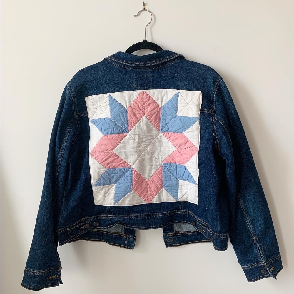 Denim jacket with vintage quilt patch